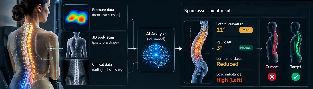 Pressure data, 3D body scan and clinical data feeding an AI model that outputs lateral curvature, pelvic tilt, lumbar lordosis and load imbalance